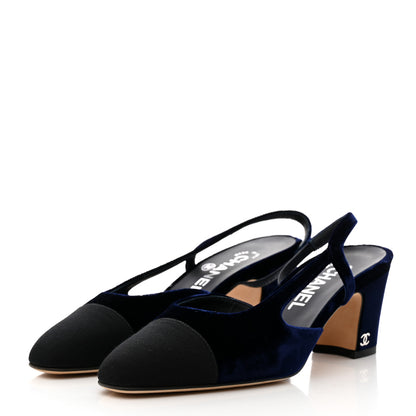 Chanel Velvet Grosgrain Cap Toe CC Slingback Pumps 36.5 Blue Black 3 of 8