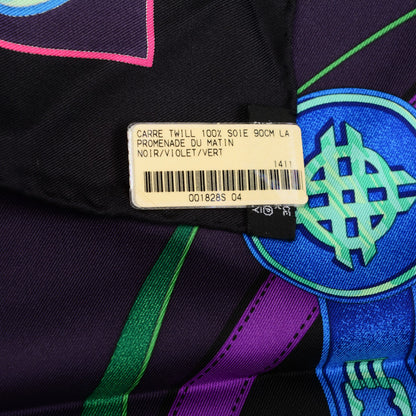 Hermes Silk Promenade Du Matin Scarf 90 Black Violet Vert 5 of 5