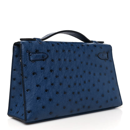 Hermes Ostrich Kelly Pochette Clutch Bleu Roi 3 of 10