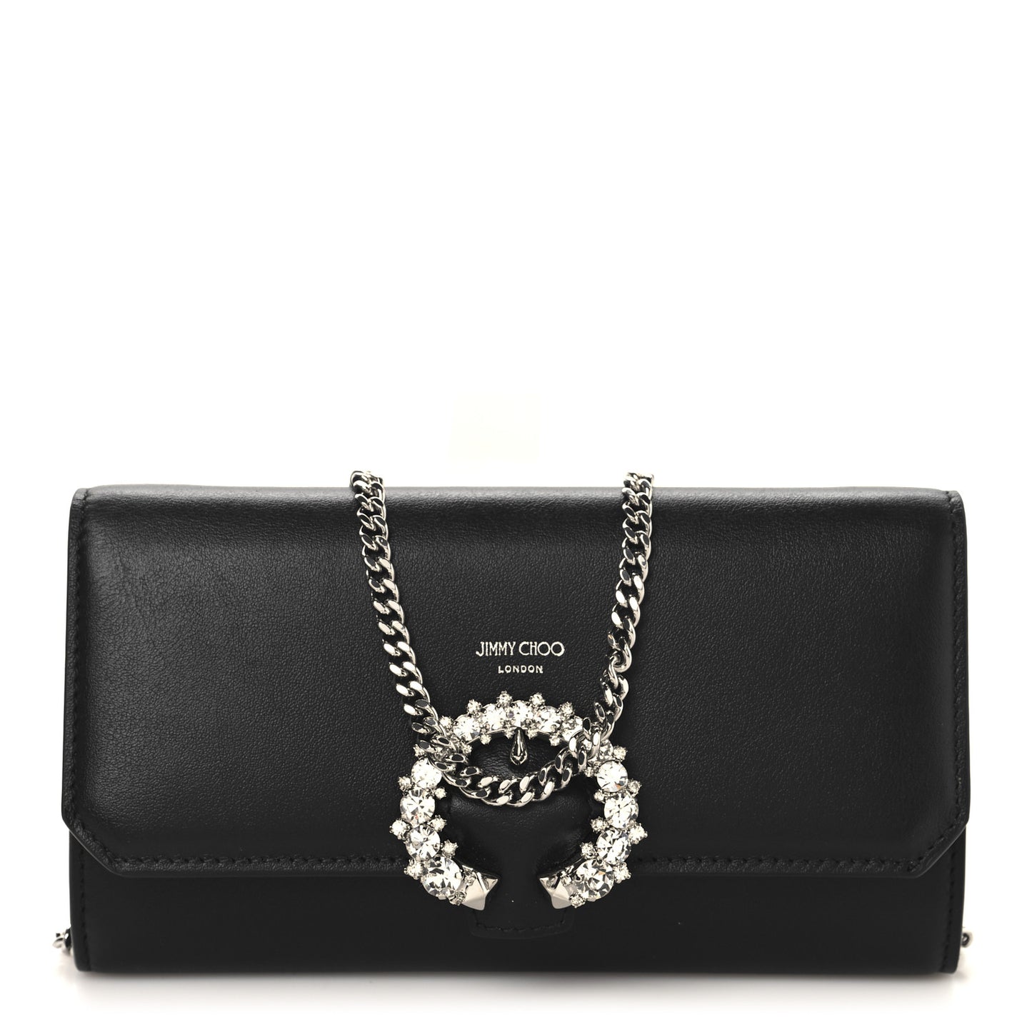 Smooth Calfskin Crystal Embellished Chain Wallet Black