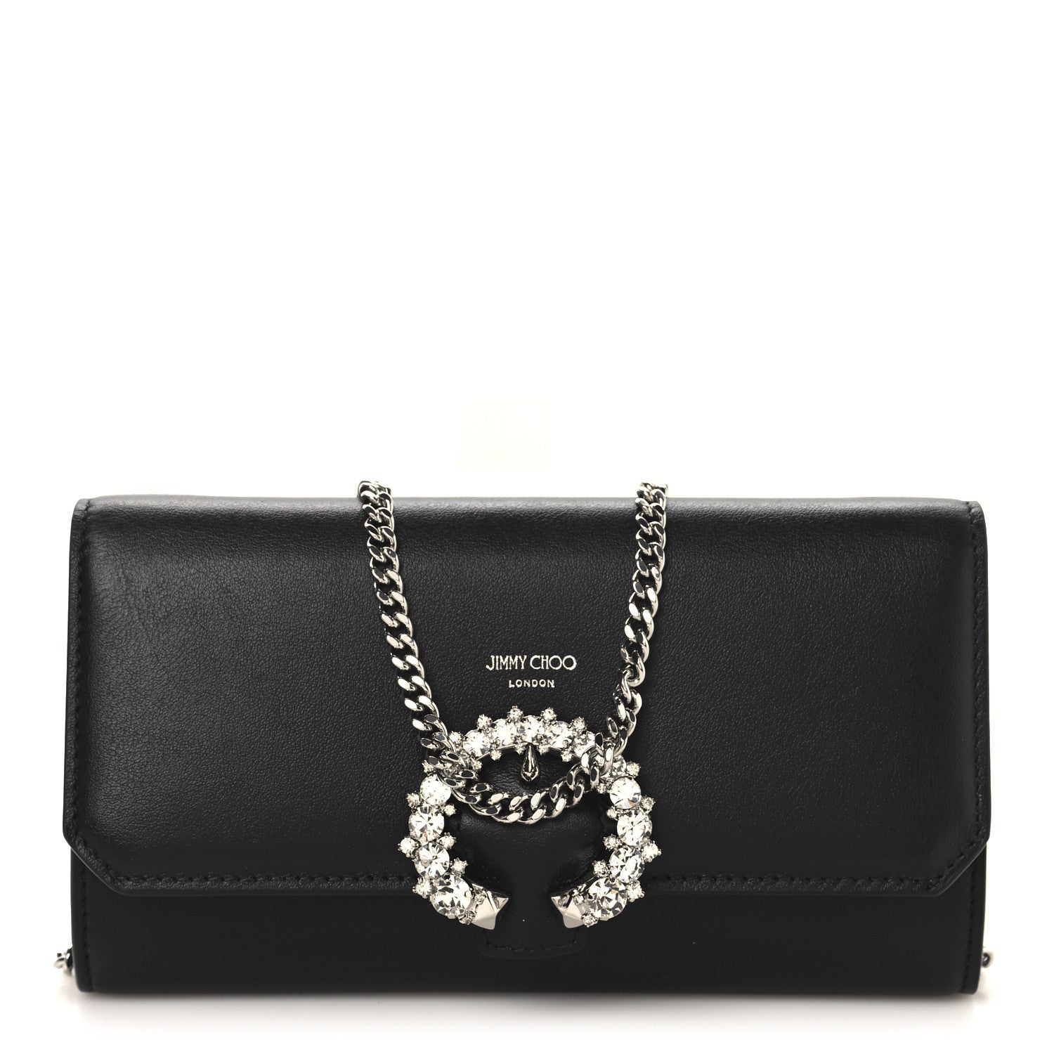 Jimmy Choo Smooth Calfskin Crystal Embellished Chain Wallet Black 1 of 10