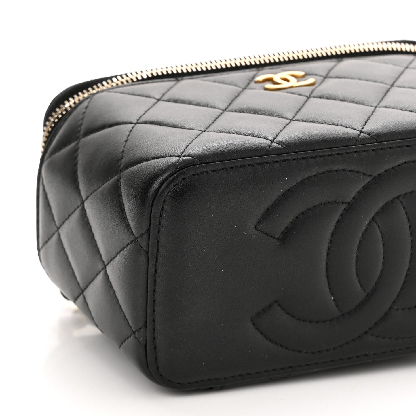 Lambskin Quilted Metal Small Top Handle Vanity Case With Chain Black