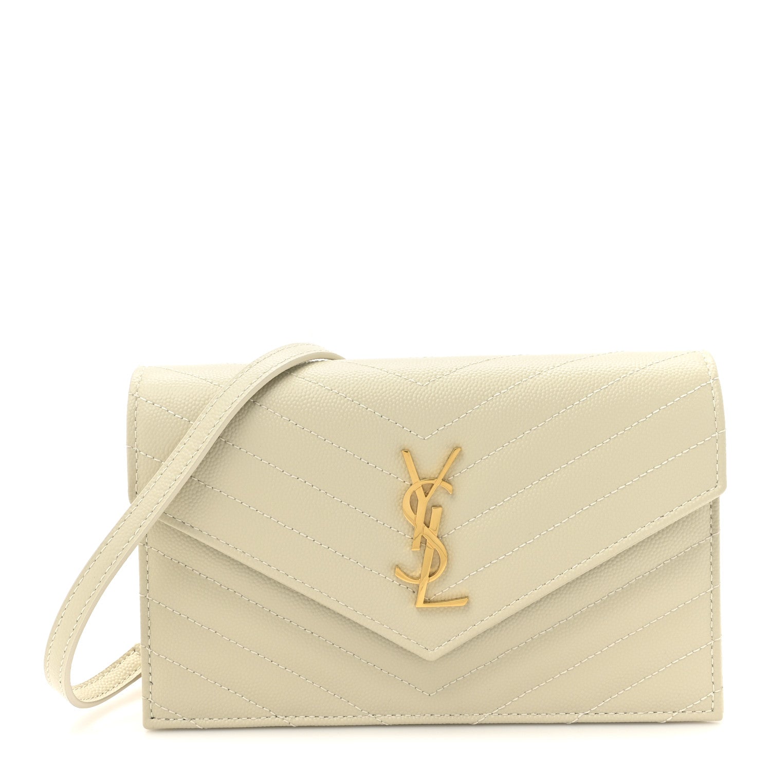Saint Laurent Grain De Poudre Matelasse Chevron Monogram Envelope Chain Wallet Crema Soft 1 of 10