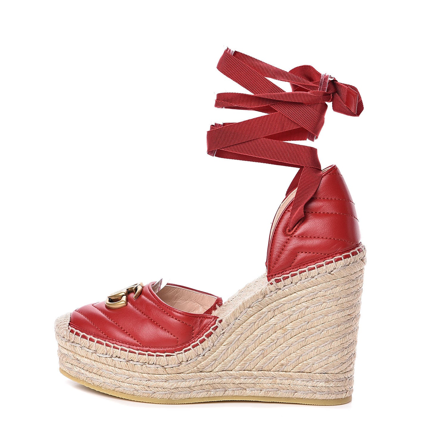 Nappa Matelasse GG Marmont Ankle Wrap Platform 35/120mm Espadrille Wedges 39.5 Hibiscus Red