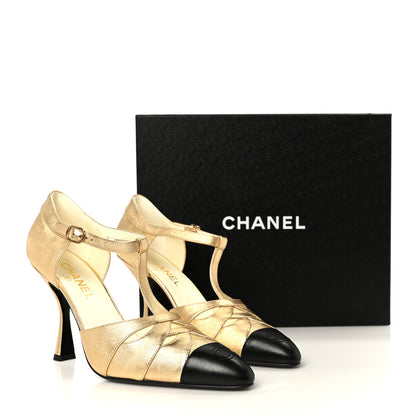 Chanel Laminated Lambskin Cap Toe CC Mary Jane Pumps 39.5 Gold Black 10 of 10