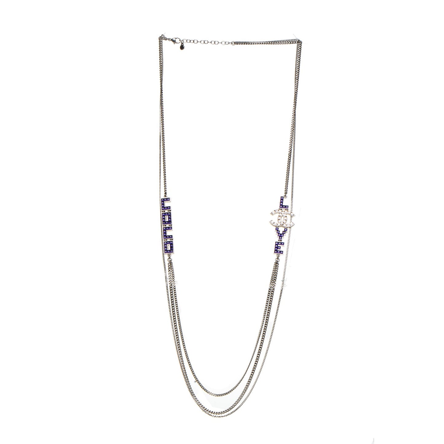 Baguette Crystal Coco Love CC Long Necklace Silver Purple