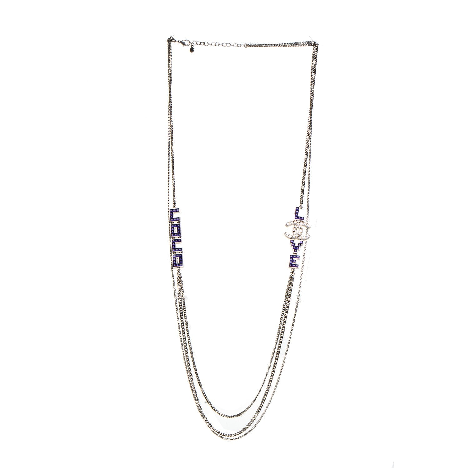 Chanel Baguette Crystal Coco Love CC Long Necklace Silver Purple 3 of 6