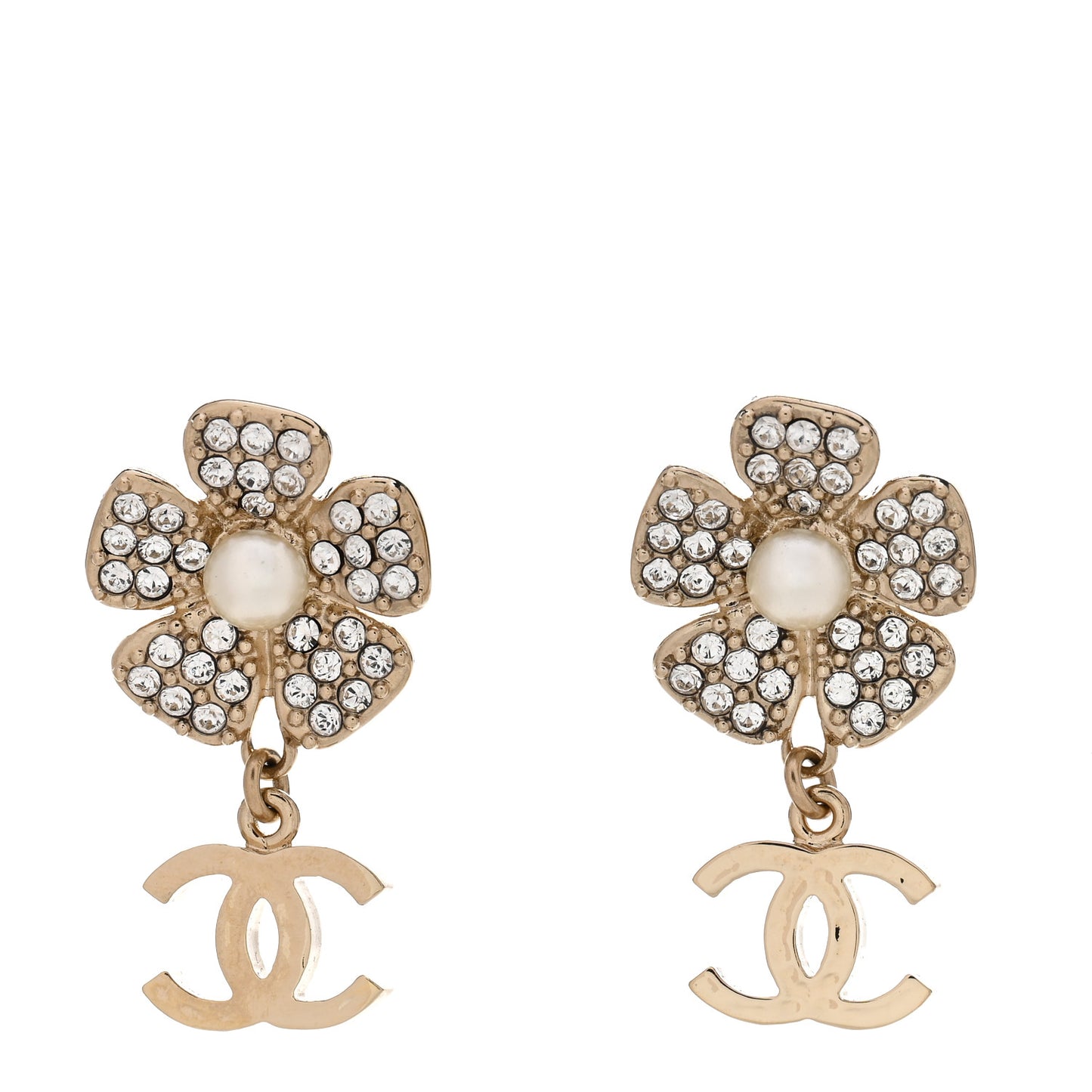 Pearl Crystal CC Flower Drop Earrings Gold White