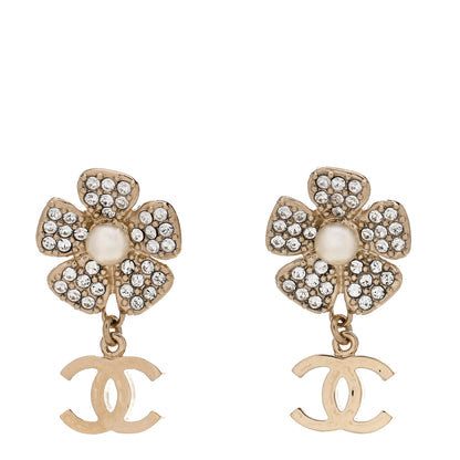 Chanel Pearl Crystal CC Flower Drop Earrings Gold White 1 of 4