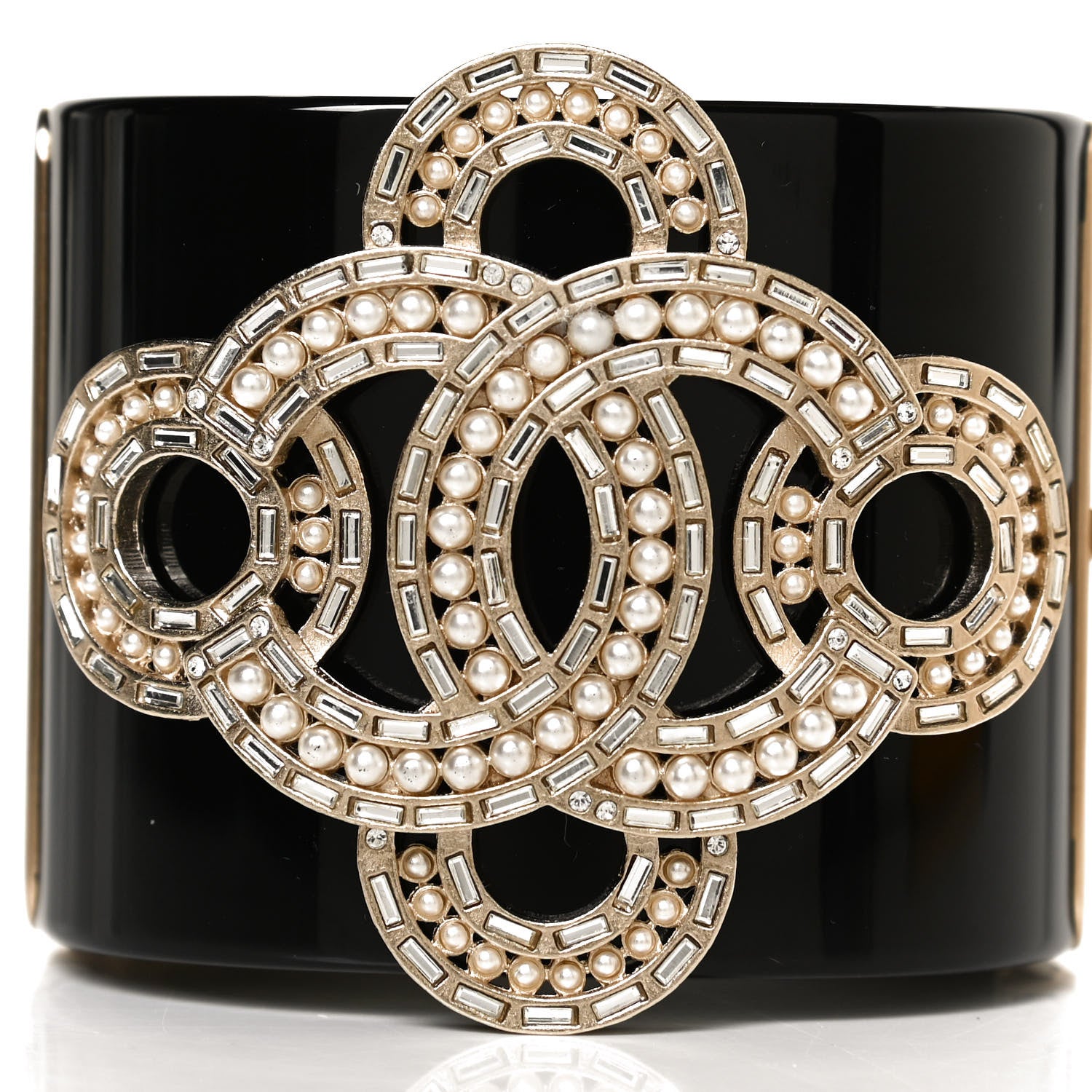 Chanel Resin Baguette Crystal Pearl CC Cuff Black 4 of 6