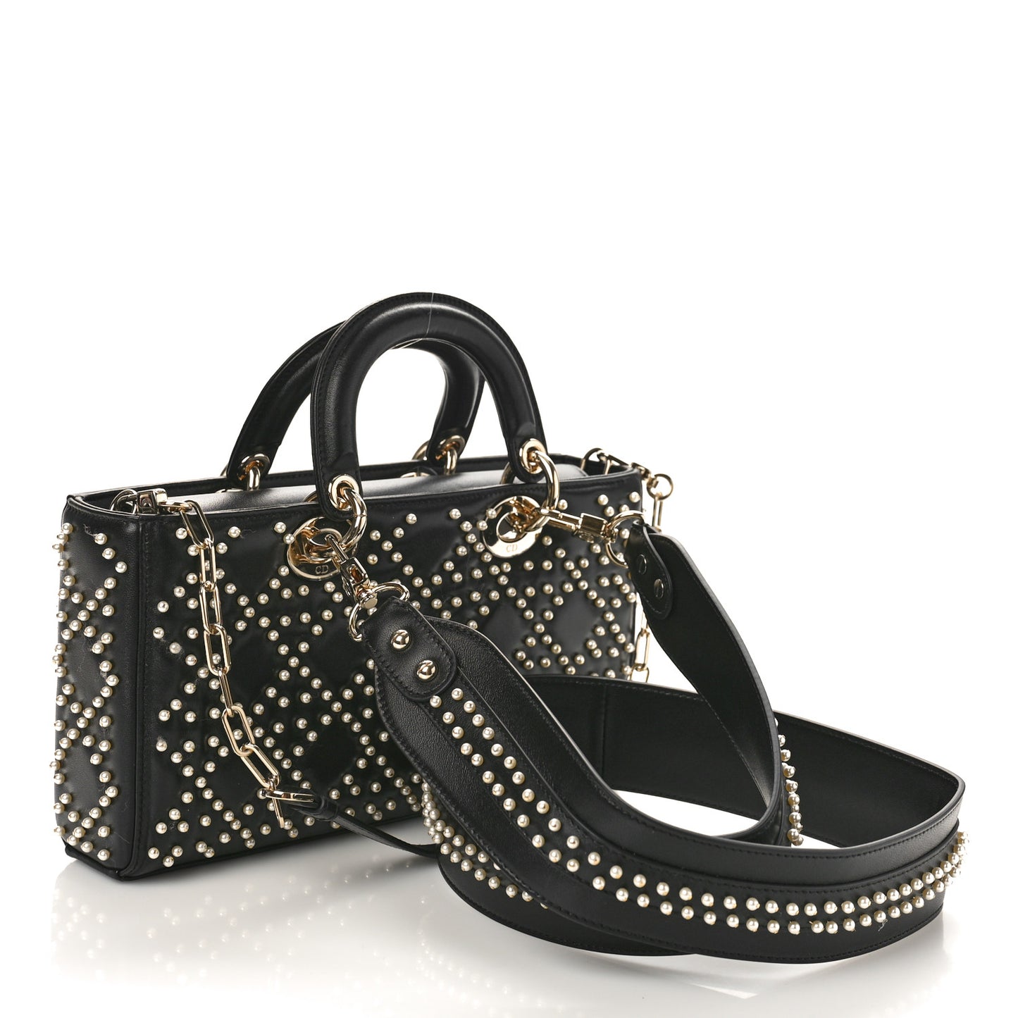 Lambskin Cannage Pearl Studded Small Lady D-Joy Black