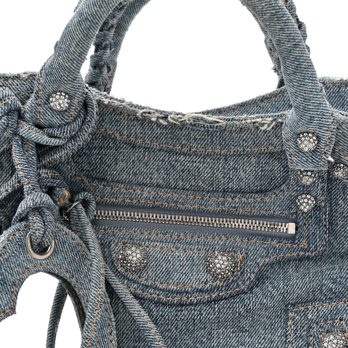 Washed Frayed Denim Crystal Neo Cagole Handbag XS Blue