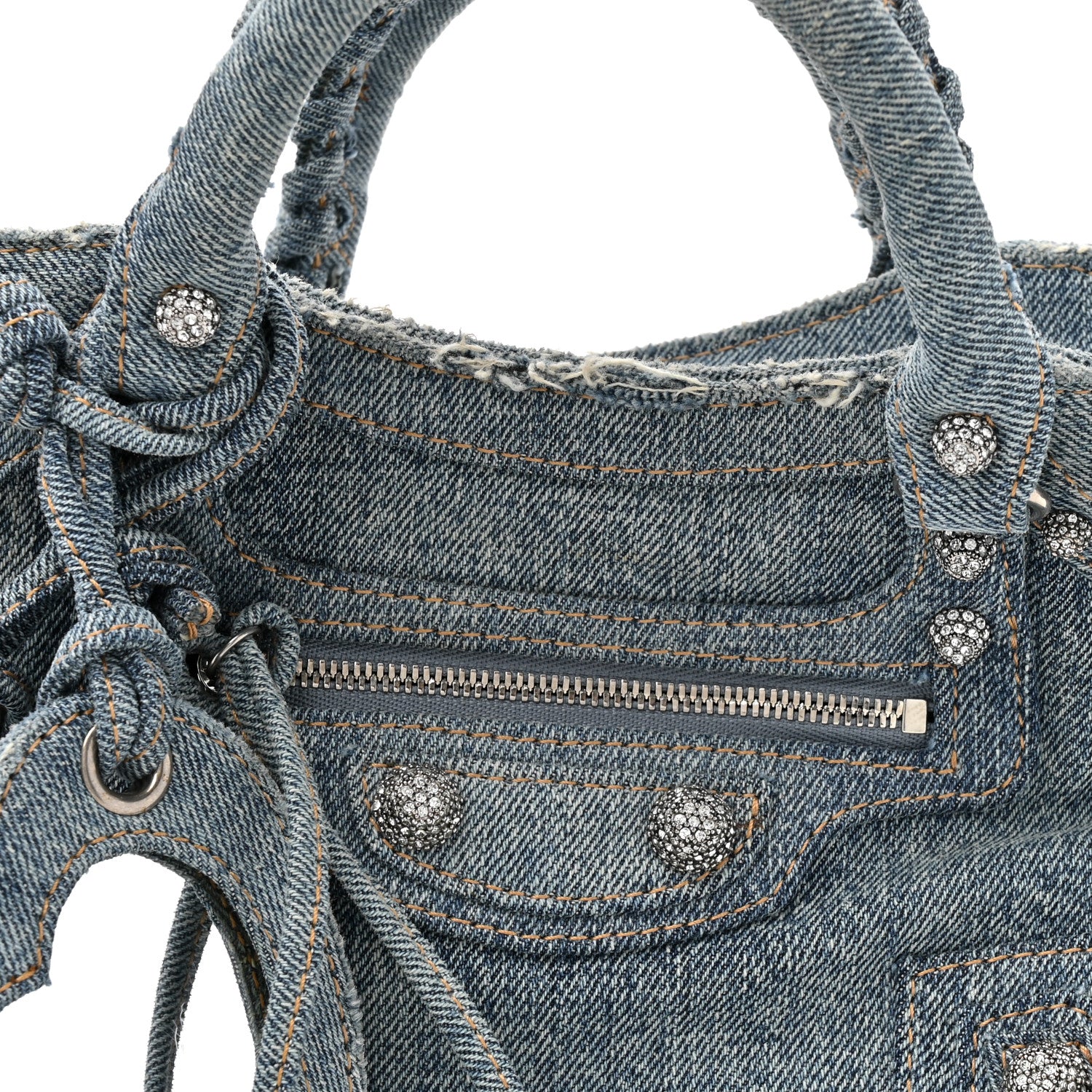 Balenciaga Washed Frayed Denim Crystal Neo Cagole Handbag XS Blue 9 of 11