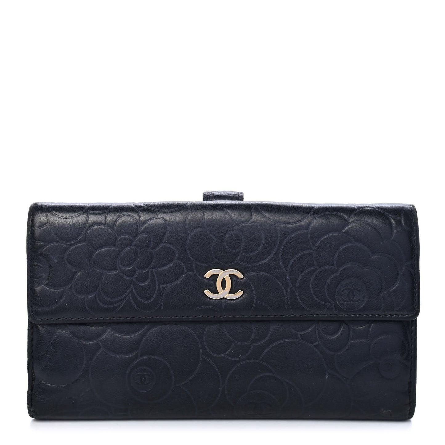 Lambskin Embossed Camellia Large Gusset Flap Wallet Navy