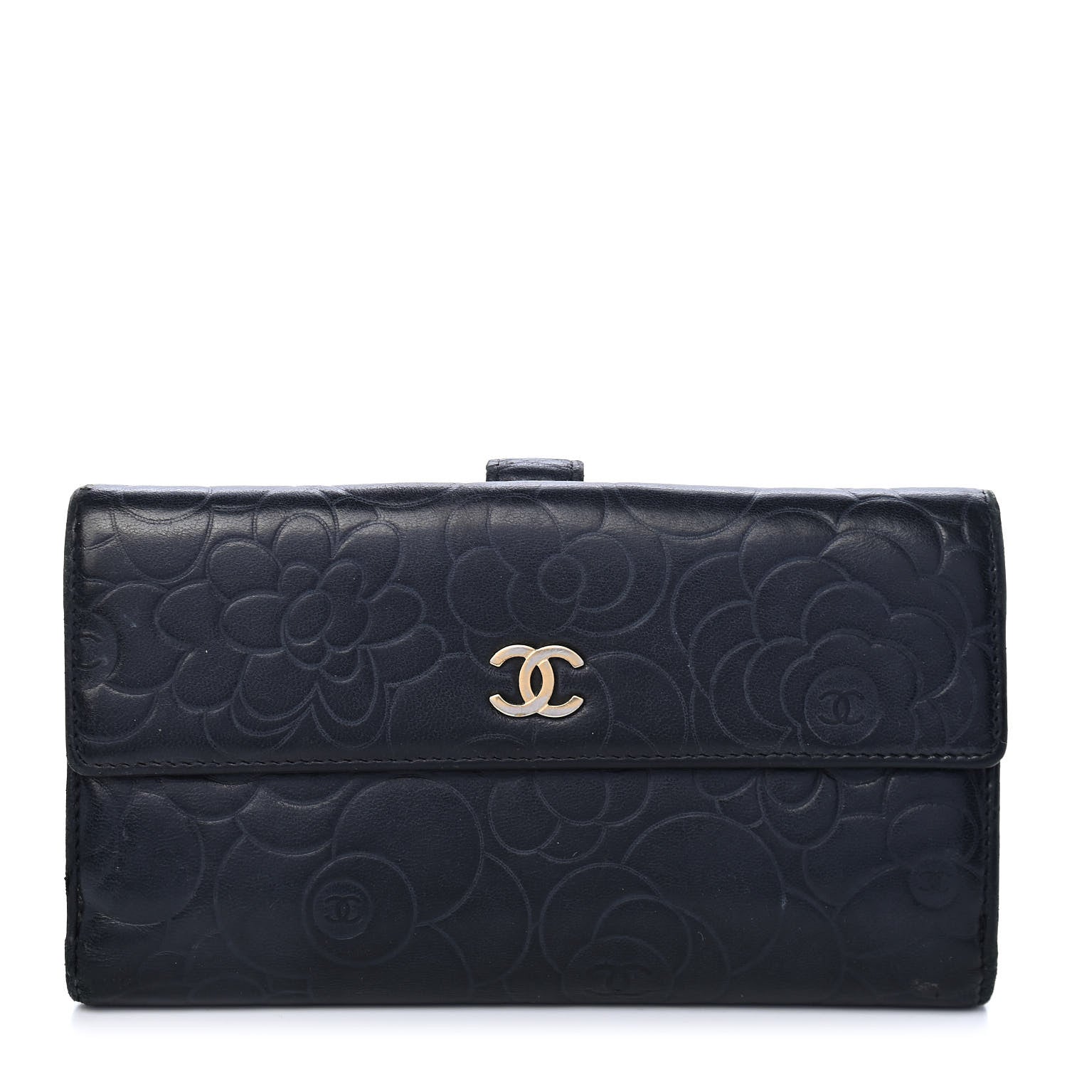 Chanel Lambskin Embossed Camellia Large Gusset Flap Wallet Navy 1 of 9