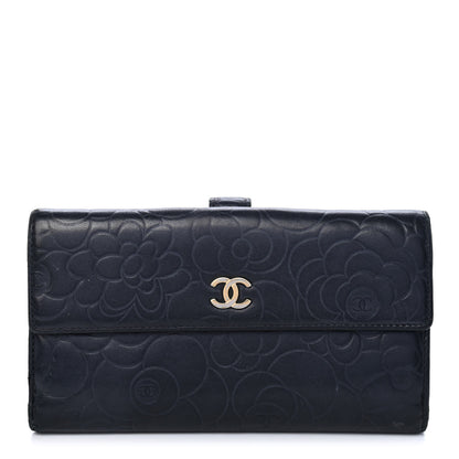 Chanel Lambskin Embossed Camellia Large Gusset Flap Wallet Navy 1 of 9