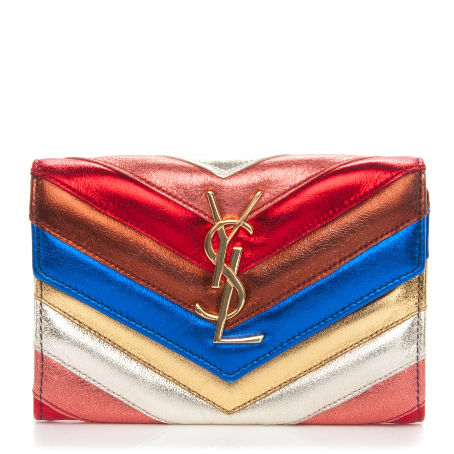 Metallic Calfskin Chevron Small Monogram Wallet Multicolor