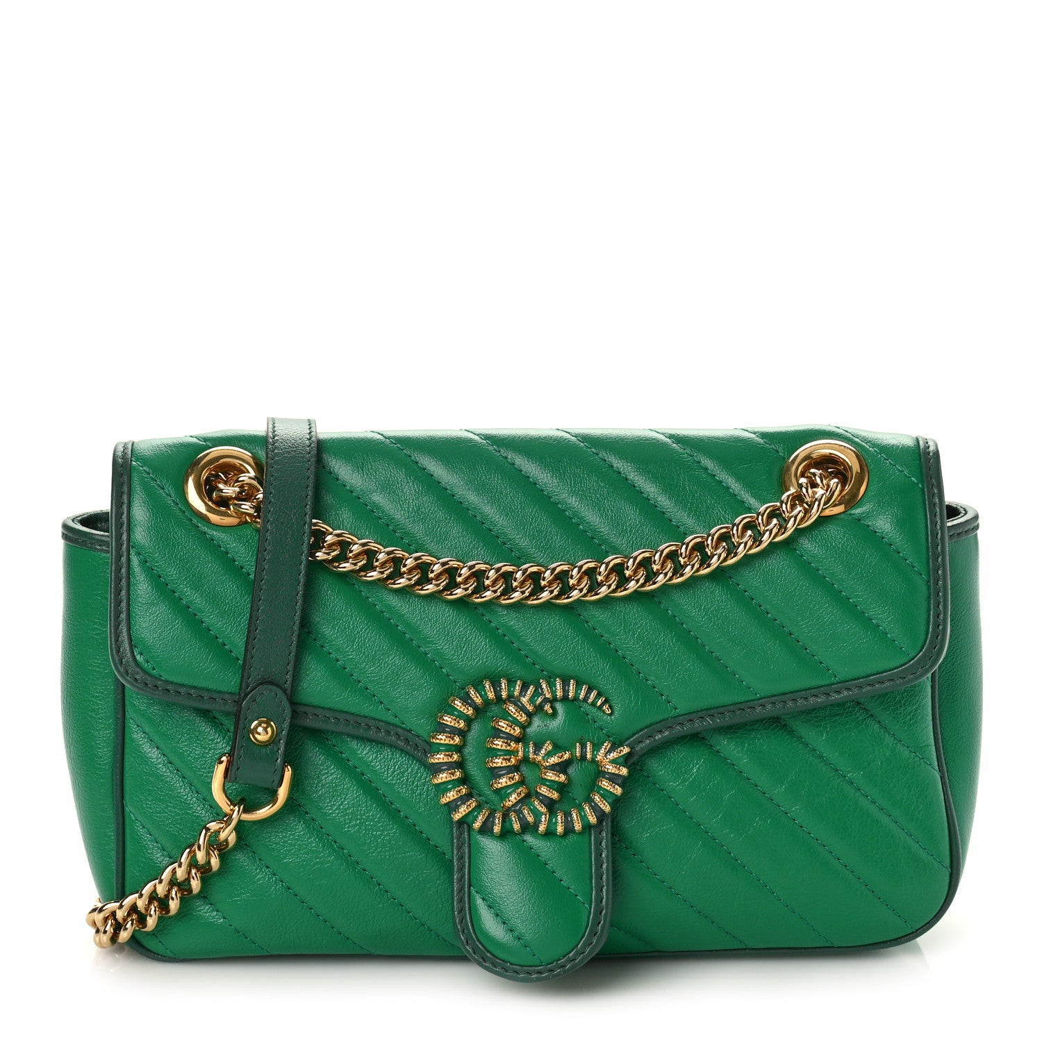 Gucci Azalea Calfskin Enamel Matelasse Diagonal Small Torchon GG Marmont Shoulder Bag New Shamarock Emerald 1 of 10