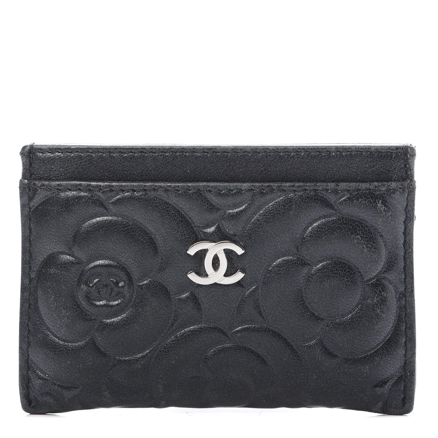 Lambskin Camellia Embossed Card Holder Black