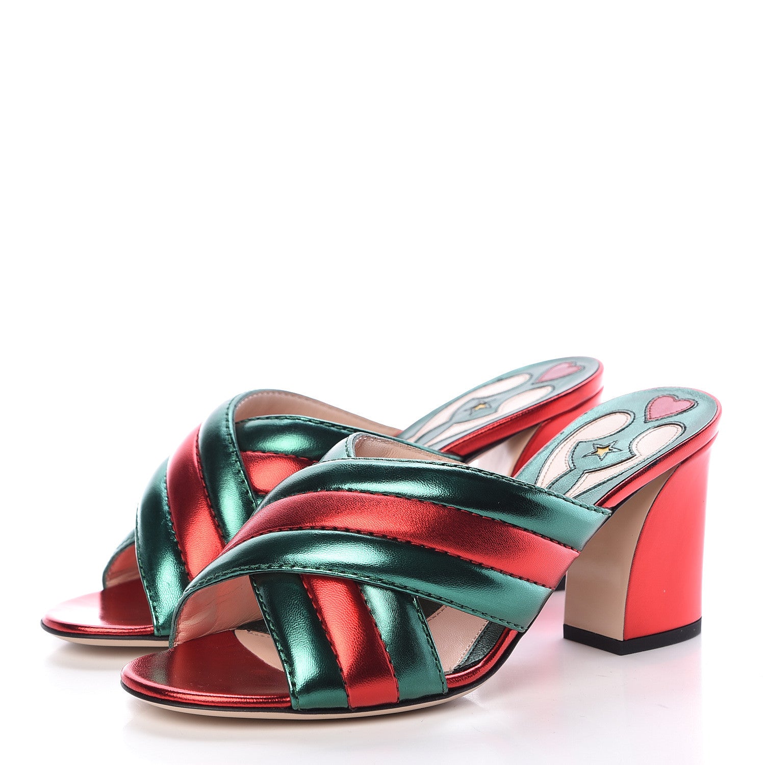 Gucci Metallic Nappa Crossover Mid Heel Slide Sandals 38 Green Flame Red 3 of 10