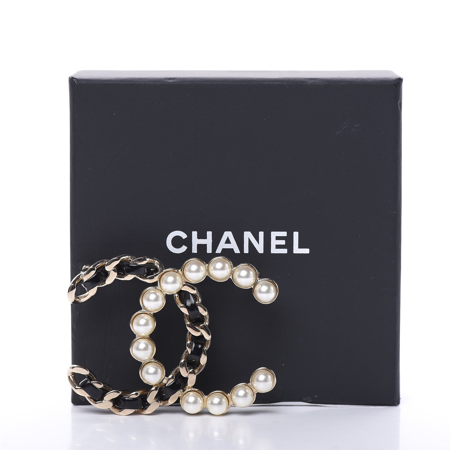 Lambskin Pearl CC Chain Brooch Black Gold