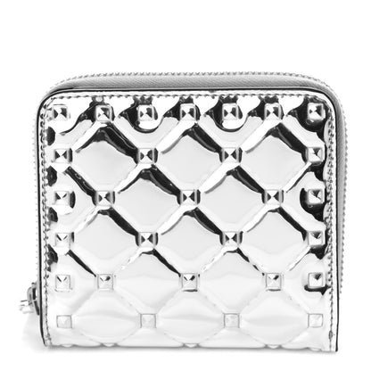 Valentino Garavani Metallic Patent Rockstud Spike Compact Zip Around Wallet Silver 1 of 7