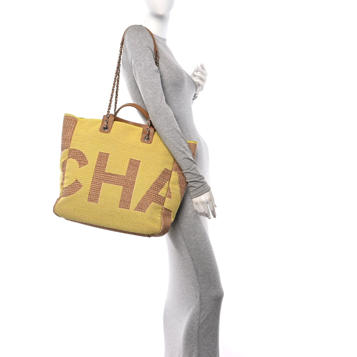 Chanel Mixed Fibers Large Shopping Bag Yellow Brown 3 of 10