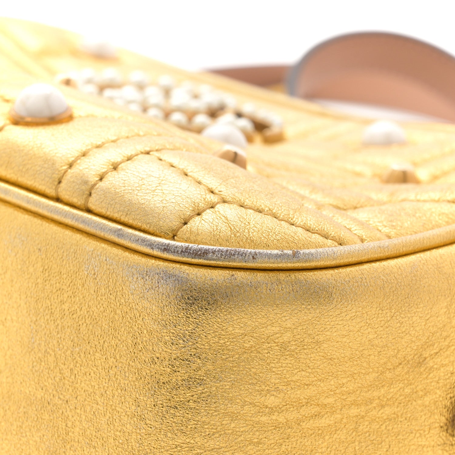 Gucci Metallic Calfskin Matelasse Studded Small Pearly GG Marmont Chain Shoulder Bag Gold 13 of 13
