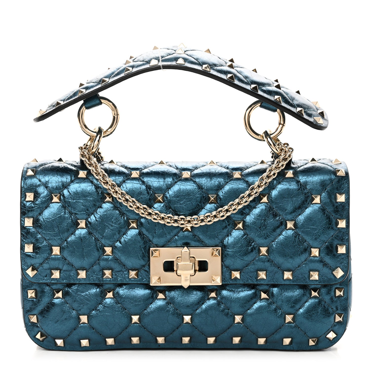 Valentino Garavani Metallic Wrinkled Lambskin Small Rockstud Spike Shoulder Bag Peacock 1 of 9
