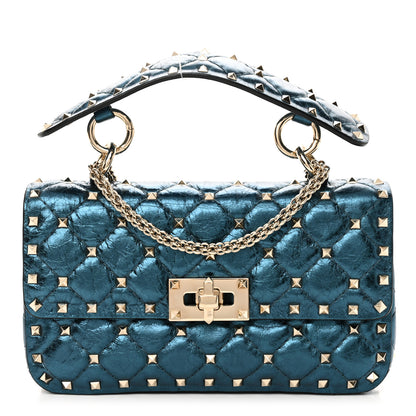 Valentino Garavani Metallic Wrinkled Lambskin Small Rockstud Spike Shoulder Bag Peacock 1 of 9