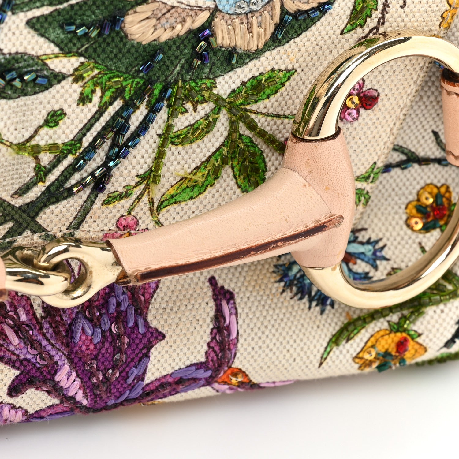 Gucci Canvas Flora Floral Beaded Small Horsebit Chain Clutch White