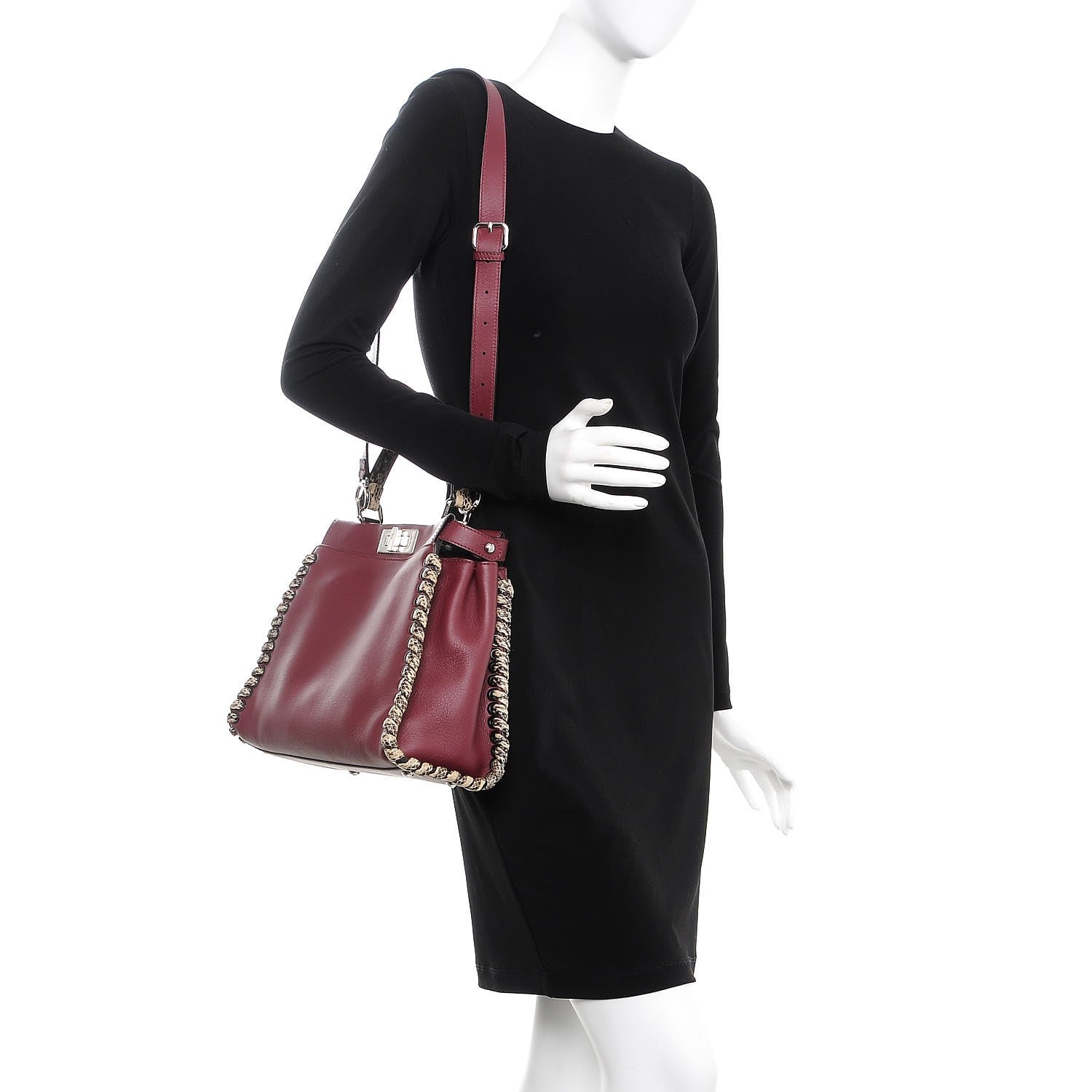 Fendi Calfskin Elaphe Lace Up Medium Peekaboo Iconic Satchel Bordeaux Beige Verde 2 of 8