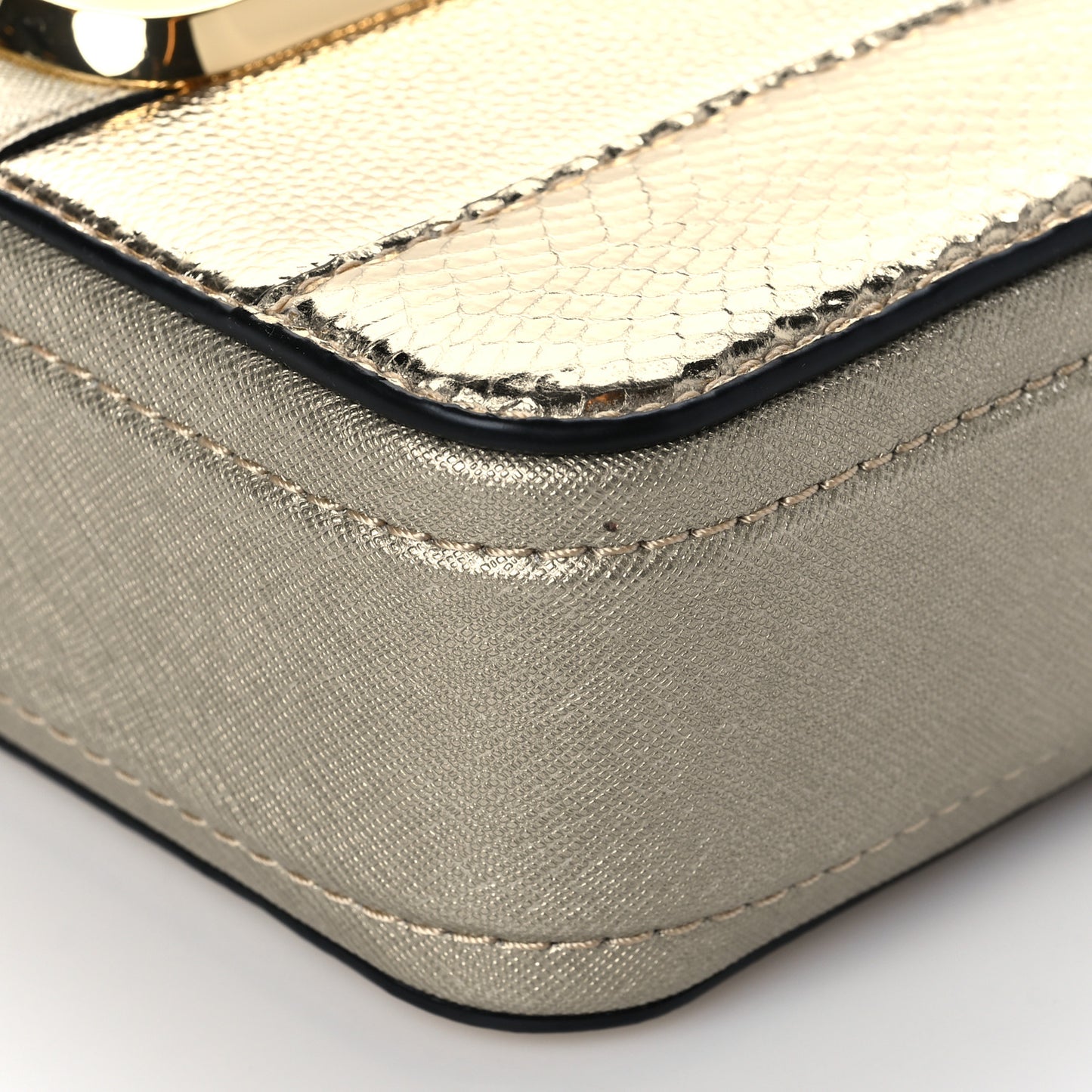 Metallic Sequin Snake Embossed Calfskin Stripe Snapshot Camera Bag Gold