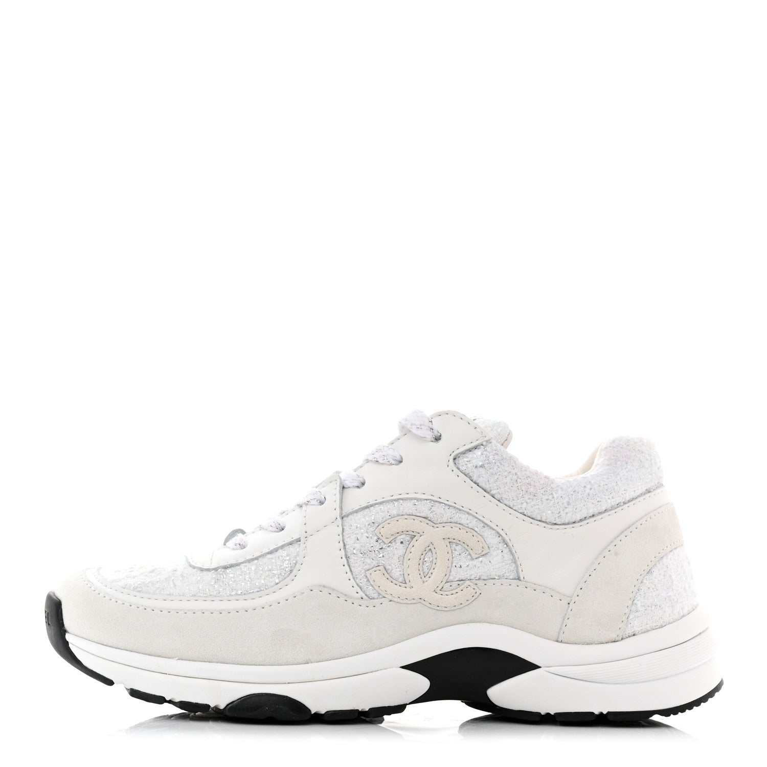 Chanel Painted Iridescent Cotton Tweed Suede Womens CC Sneakers 35.5 White Silver Multicolor 1 of 9