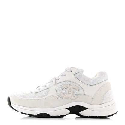 Chanel Painted Iridescent Cotton Tweed Suede Womens CC Sneakers 35.5 White Silver Multicolor 1 of 9