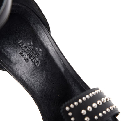 Hermes Calfskin Clous Legend Wedge Sandals 37 Black 8 of 10