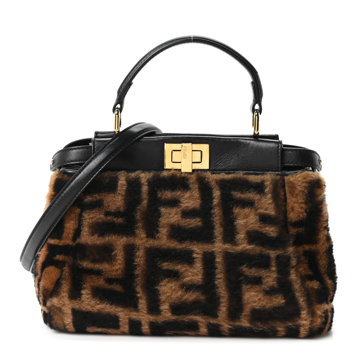 Fendi Shearling Nappa Macro FF 1974 Mini Peekaboo Iconic Satchel Tobacco Black 1 of 10