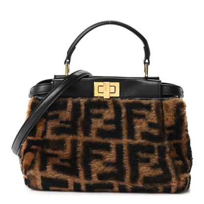 Fendi Shearling Nappa Macro FF 1974 Mini Peekaboo Iconic Satchel Tobacco Black 1 of 10