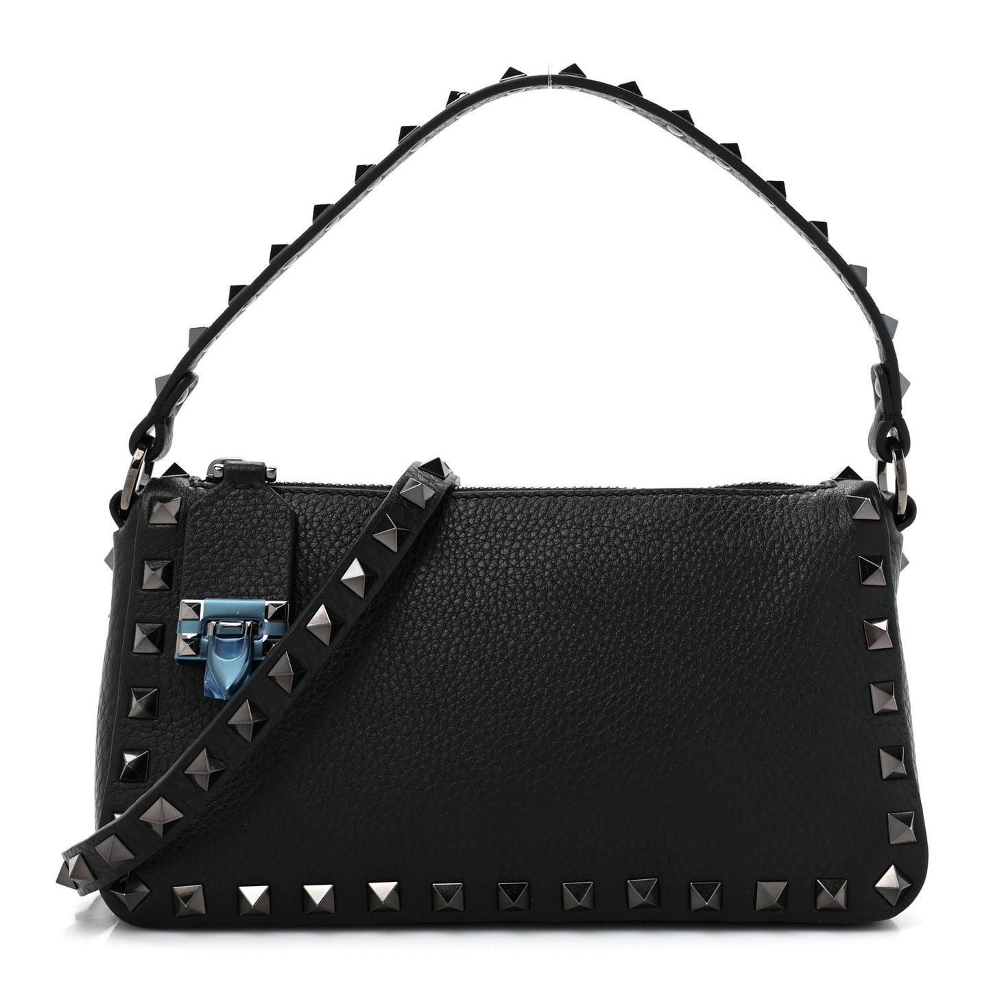 VALENTINO GARAVANI Pebbled Calfskin Small Rockstud Flip Lock Shoulder Bag Black