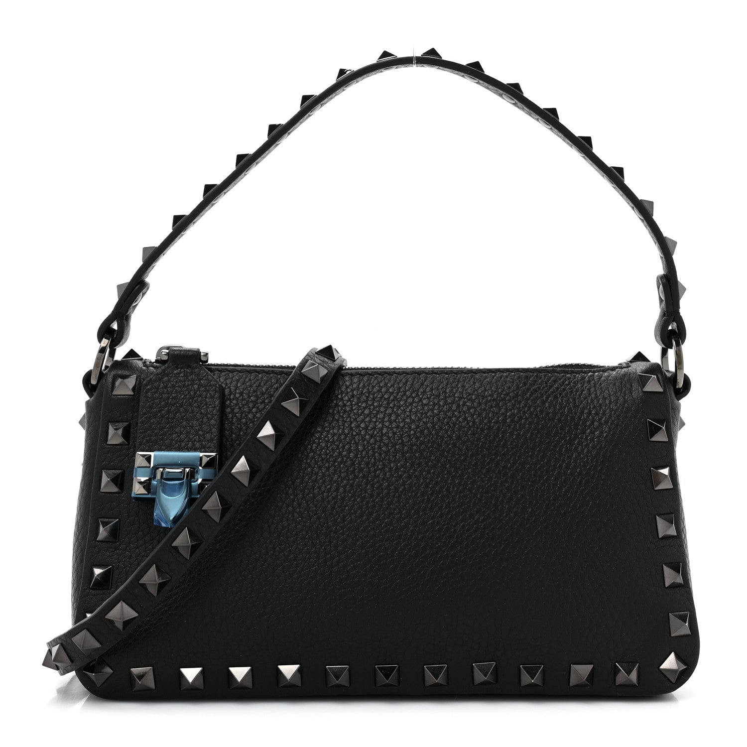 Valentino Garavani VALENTINO GARAVANI Pebbled Calfskin Small Rockstud Flip Lock Shoulder Bag Black 1 of 9