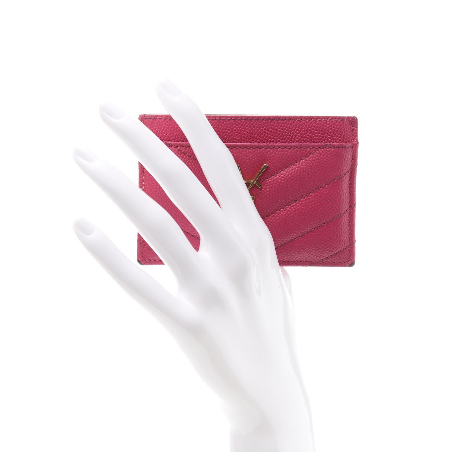 Saint Laurent Grain De Poudre Matelasse Chevron Monogram Credit Card Case Lipstick Fuchsia 2 of 10