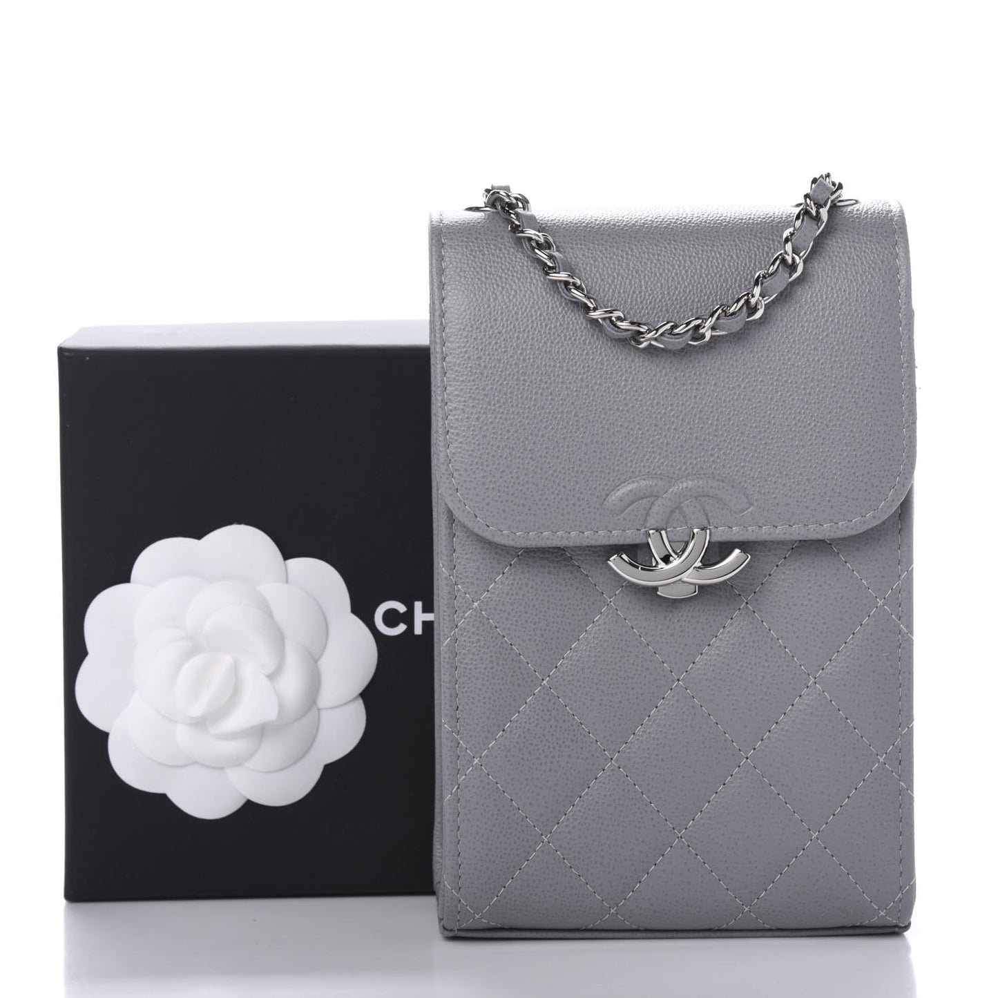Grained Calfskin Quilted CC Box Clutch With Chain Grey