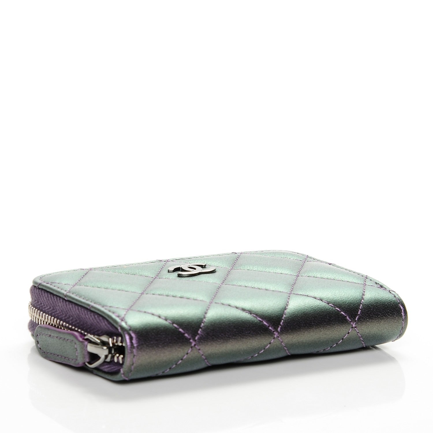 Chanel Metallic Lambskin Quilted Zip Around Coin Purse Wallet Dark Purple 4 of 7