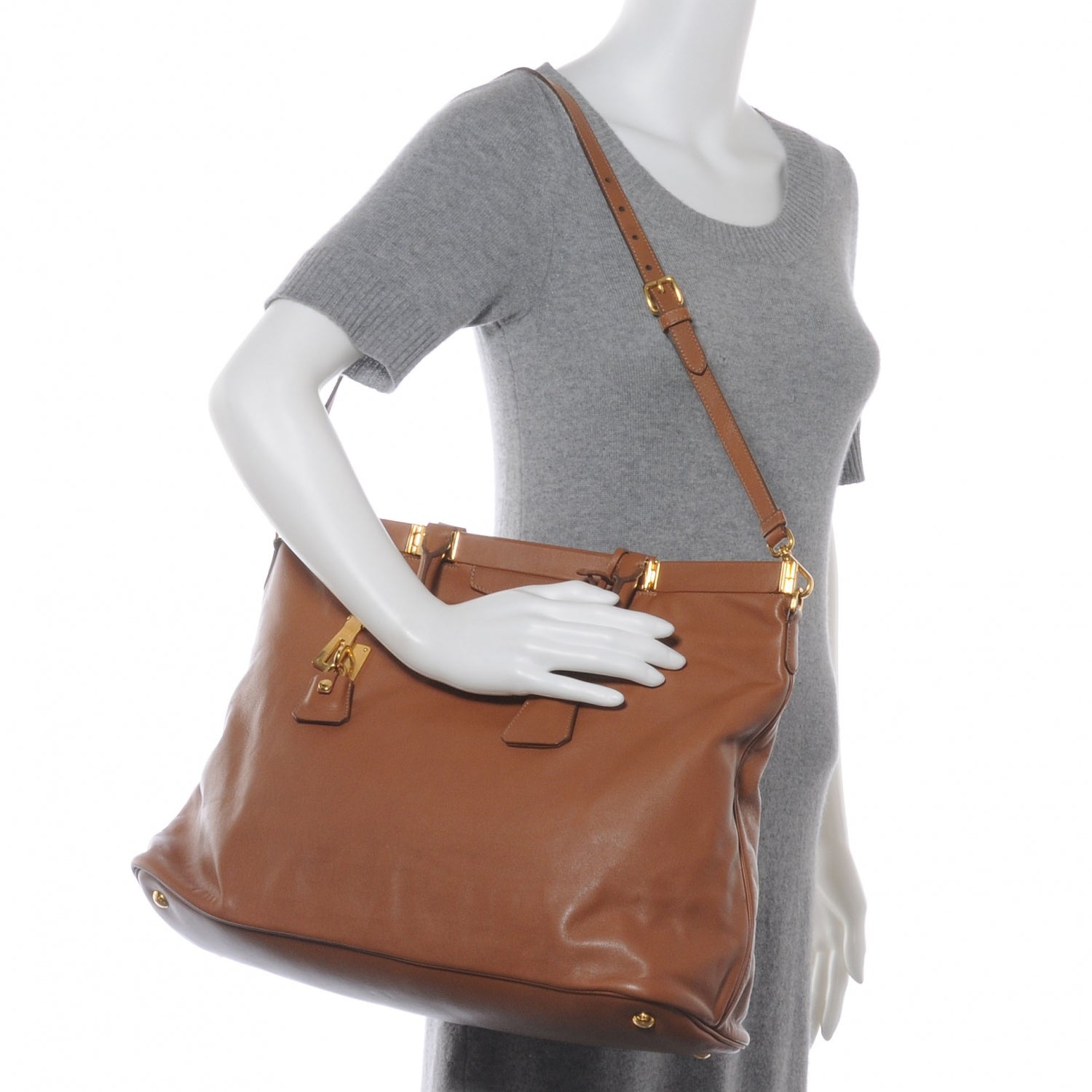 Prada Vitello Leather Large Frame Tote Camel 2 of 8