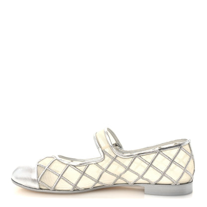 Chanel Laminated Lambskin Mesh Embroidered Quilted Mary Jane Cap Toe Flats  41 Silvered 1 of 9