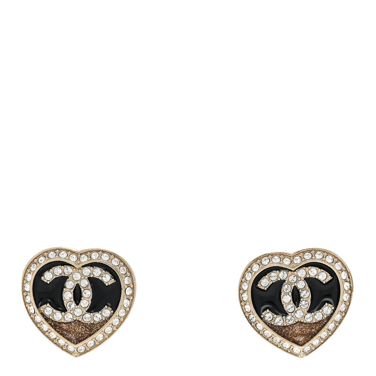 Chanel Crystal CC Heart Stud Earrings Gold Black 1 of 5