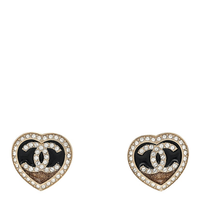 Chanel Crystal CC Heart Stud Earrings Gold Black 1 of 5