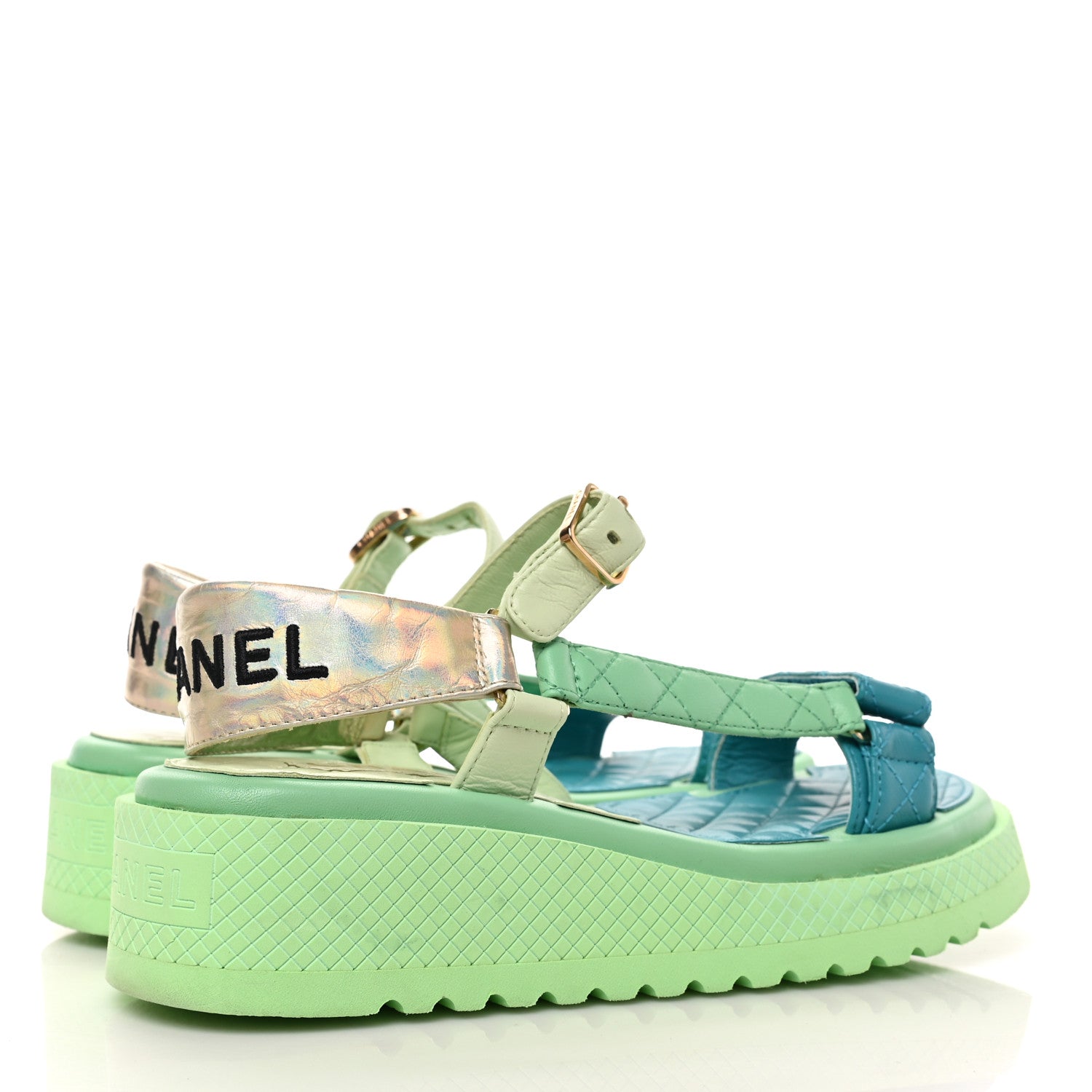 Chanel Lambskin Logo Platform Sandals 38 Turquoise Green Gold 4 of 9