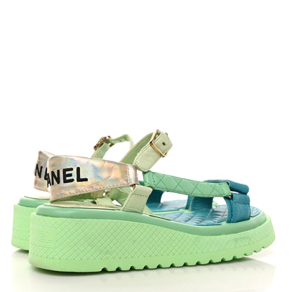 Chanel Lambskin Logo Platform Sandals 38 Turquoise Green Gold 4 of 9