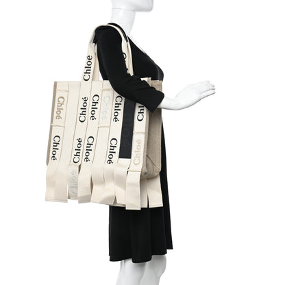 Chloe Cotton Canvas Calfskin Large Woody Logo Ribbon Tote Sand 2 of 9